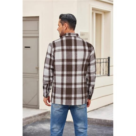 Men's Flannel Shirt Jacket Quilted Lined Plaid Jacket Long Sleeve Shacket - Picture 5 of 7